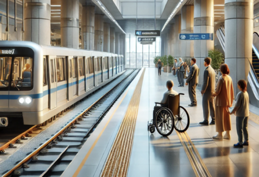 Station de métro moderne avec train en gare. Passagers, dont une personne en fauteuil roulant, attendent sur un quai spacieu