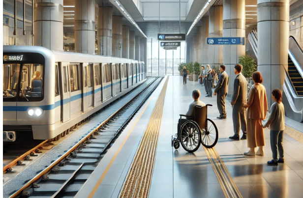 Station de métro moderne avec train en gare. Passagers, dont une personne en fauteuil roulant, attendent sur un quai spacieu