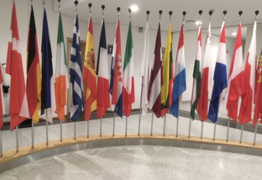 Collection de drapeaux internationaux alignés sur un présentoir circulaire en intérieur.