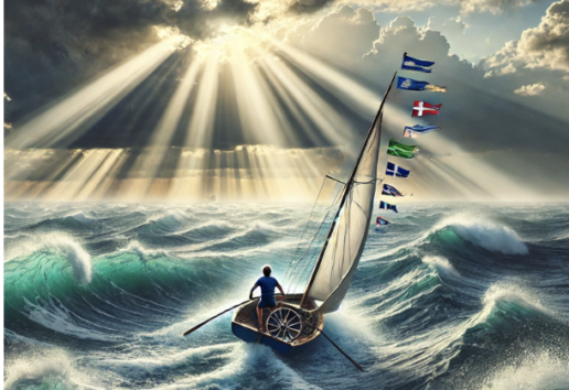Un marin sur un petit bateau en mer agitée sous un ciel dramatique éclairé par des rayons de soleil.