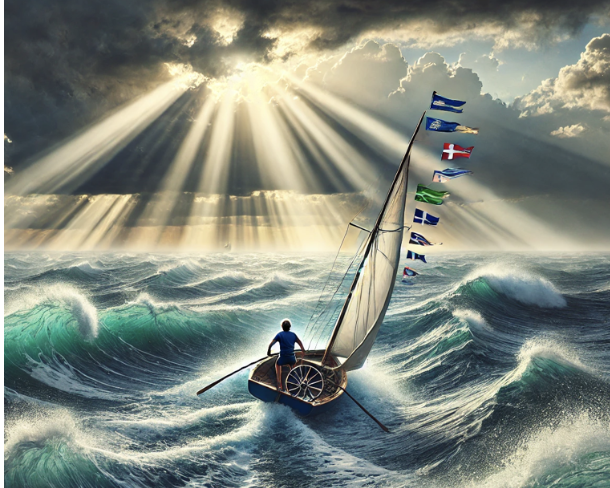 Un marin sur un petit bateau en mer agitée sous un ciel dramatique éclairé par des rayons de soleil.
