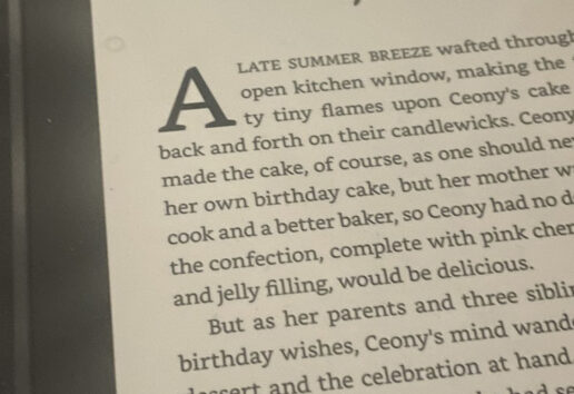 Capture d’écran d’un livre électronique montrant le début du chapitre 1 avec une scène de cuisine et une description