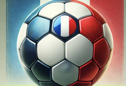 Soccer ball with French flag colors et emblem, positioned on a green field.