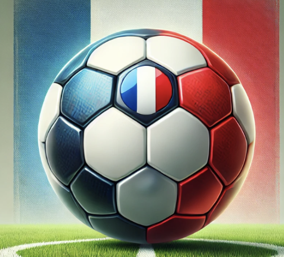Soccer ball with French flag colors et emblem, positioned on a green field.