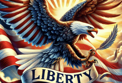 Buste d'aigle en vol sur fond étoilé, tenant une branche et une bannière avec le mot "LIBERTY" en lettres majuscules.