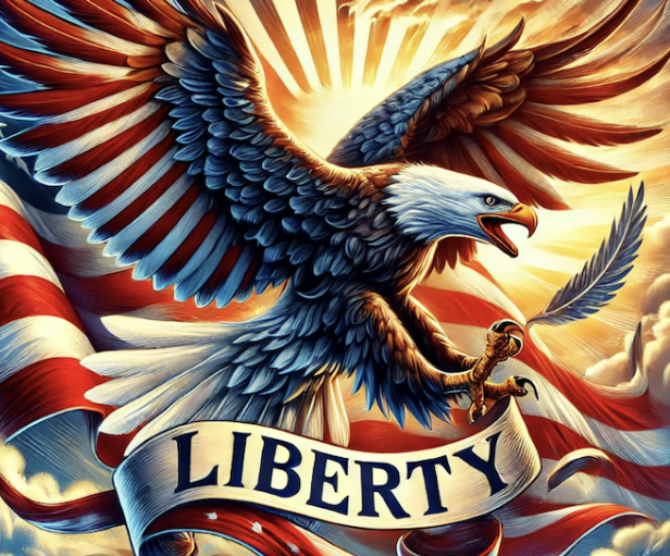 Buste d'aigle en vol sur fond étoilé, tenant une branche et une bannière avec le mot "LIBERTY" en lettres majuscules.