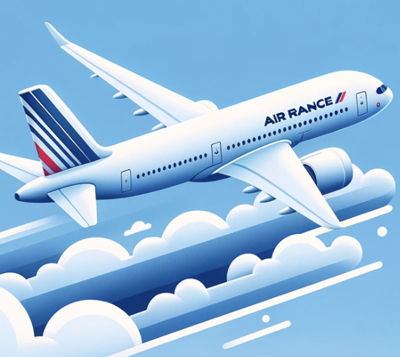 Avion Air France en vol au-dessus d'un ciel bleu avec des nuages blancs.