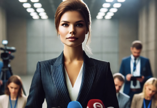 Une femme élégante en costume professionnel face à une foule de microphones et journalistes.