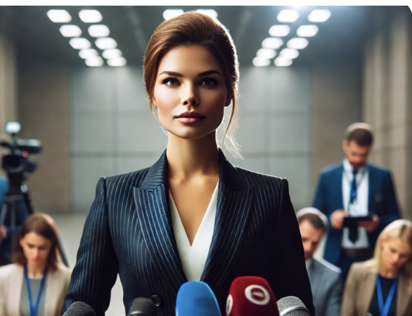 Une femme élégante en costume professionnel face à une foule de microphones et journalistes.