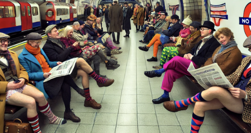 Groupe coloré attendant dans un métro, habillé de manière vintage, lisant des journaux, avec un panneau "No Toussers".