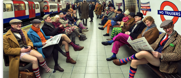 Groupe coloré attendant dans un métro, habillé de manière vintage, lisant des journaux, avec un panneau "No Toussers".