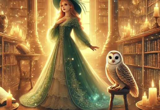 Une femme élégante en robe verte magique, chapeau à plumes, entourée de livres anciens et d’un hibou assis sur un tabou