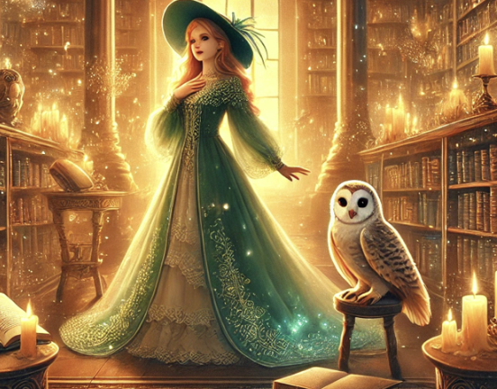 Une femme élégante en robe verte magique, chapeau à plumes, entourée de livres anciens et d’un hibou assis sur un tabou