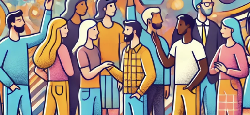 Illustration colorée d’un groupe diversifié de personnes en interaction sociale, souriantes et dynamiques.