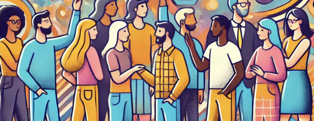 Illustration colorée d’un groupe diversifié de personnes en interaction sociale, souriantes et dynamiques.