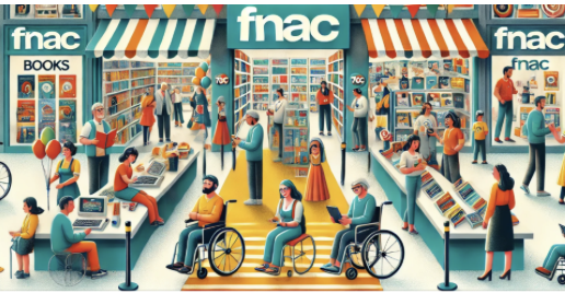 Intérieur d’un magasin Fnac animé : clients divers, dont personnes en fauteuil roulant, explorent livres et produits num