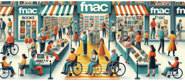 Intérieur d’un magasin Fnac animé : clients divers, dont personnes en fauteuil roulant, explorent livres et produits num