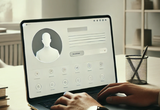 Personne utilisant un ordinateur portable affichant un profil professionnel avec photo et boutons de connexion.
