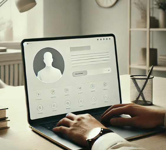 Personne utilisant un ordinateur portable affichant un profil professionnel avec photo et boutons de connexion.