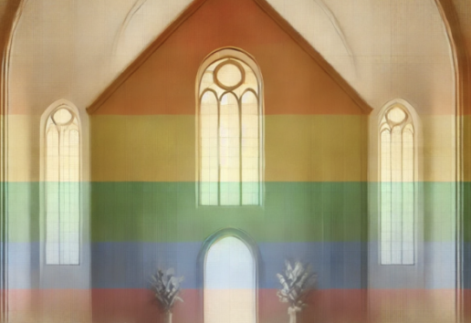 Intérieur d'église avec vitraux colorés en arc-en-ciel et bancs disposés vers l'autel.