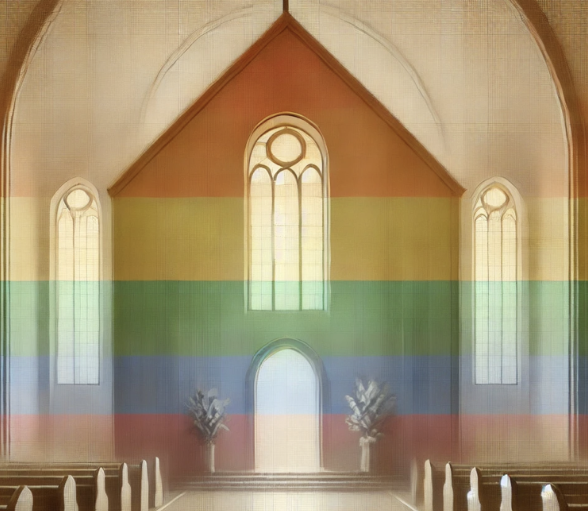Intérieur d'église avec vitraux colorés en arc-en-ciel et bancs disposés vers l'autel.