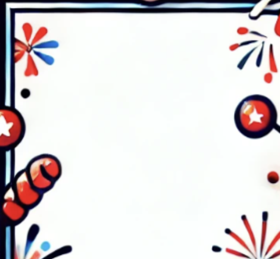 Décoration festive avec motifs de feu d'artifice rouges, bleus et étoiles sur fond blanc.