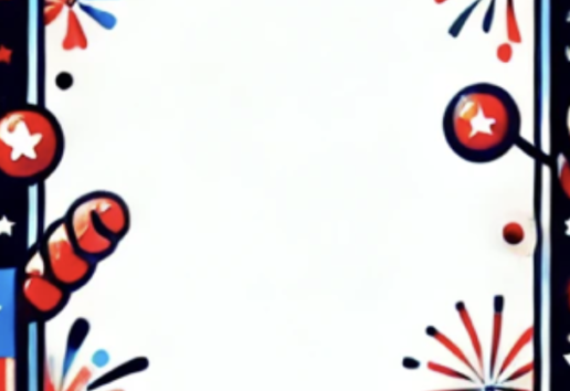 Décoration festive avec motifs de feu d'artifice rouges, bleus et étoiles sur fond blanc.