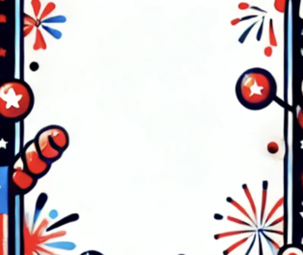 Décoration festive avec motifs de feu d'artifice rouges, bleus et étoiles sur fond blanc.