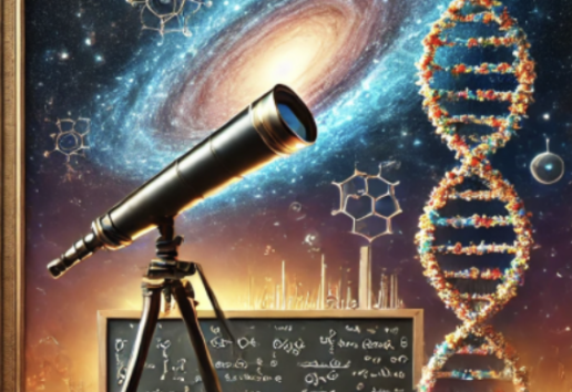 Illustration scientifique : télescope, ADN, équations et galaxies, symbolisant la recherche et la découverte cosmique et