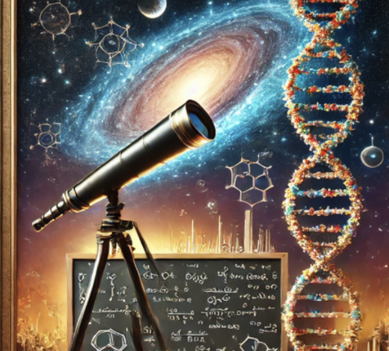 Illustration scientifique : télescope, ADN, équations et galaxies, symbolisant la recherche et la découverte cosmique et