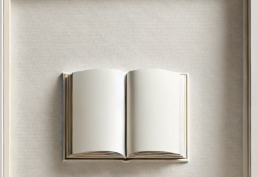 Image d'un livre ouvert encadré, posé sur fond texturé clair.
