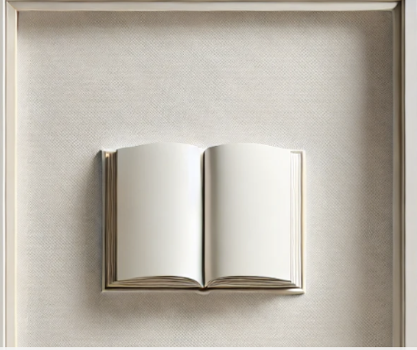 Image d'un livre ouvert encadré, posé sur fond texturé clair.