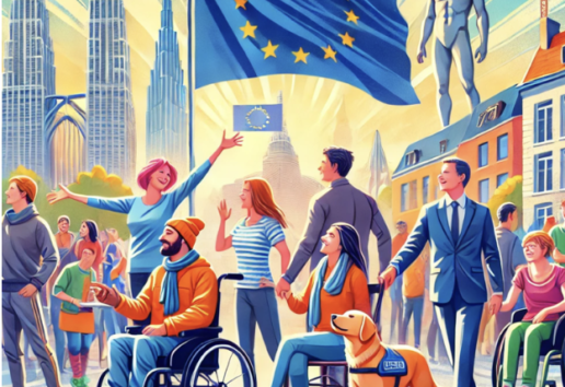 Groupe diversifié célébrant en ville avec drapeau européen, incluant personnes en fauteuil roulant et chien guide.