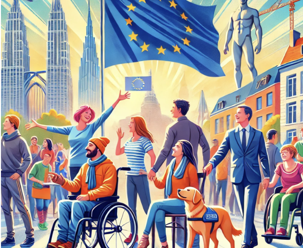 Groupe diversifié célébrant en ville avec drapeau européen, incluant personnes en fauteuil roulant et chien guide.