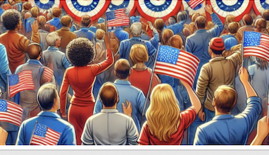 Cette image montre une foule enthousiaste brandissant des drapeaux américains lors d'un rassemblement patriotique.