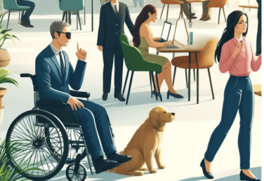 Bureau moderne : personne en fauteuil roulant avec chien-guide, collègues en activité et une personne en conversation.