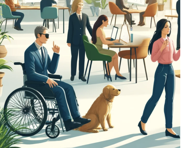 Bureau moderne : personne en fauteuil roulant avec chien-guide, collègues en activité et une personne en conversation.