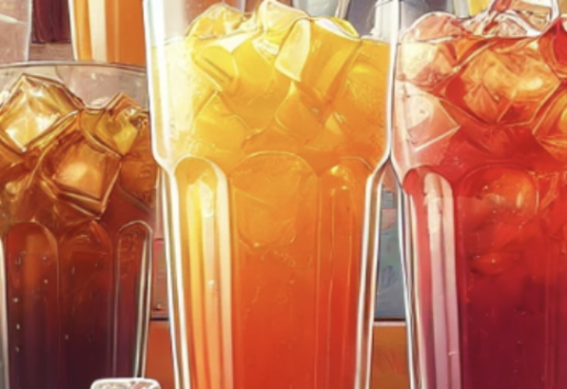 Trois verres contenant des boissons glacées avec des glaçons colorés en orange, jaune et rouge foncé.