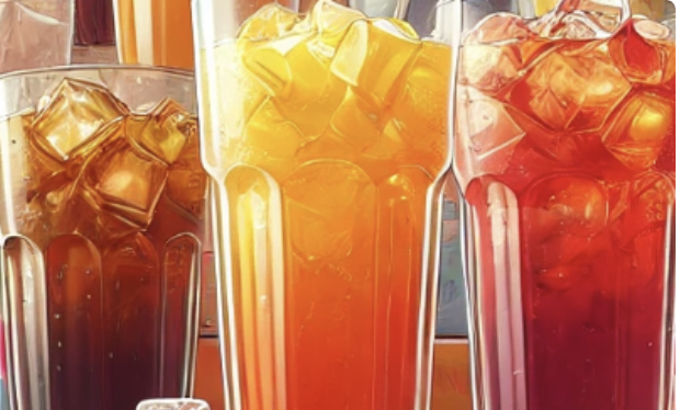 Trois verres contenant des boissons glacées avec des glaçons colorés en orange, jaune et rouge foncé.
