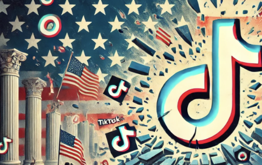 Image stylisée : logo TikTok géant entouré de drapeaux et éléments évoquant l'Amérique, avec colonnes et effets visuel
