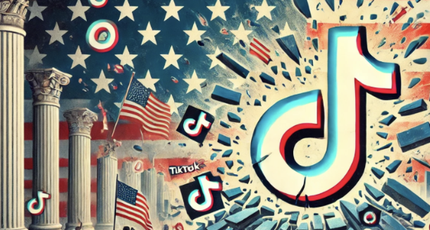 Image stylisée : logo TikTok géant entouré de drapeaux et éléments évoquant l'Amérique, avec colonnes et effets visuel