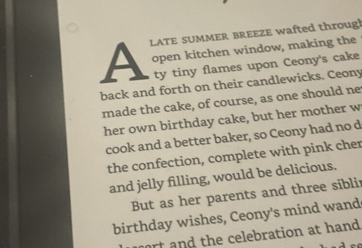 Capture d’écran d’un livre électronique montrant le début du chapitre 1 avec une scène de cuisine et une description