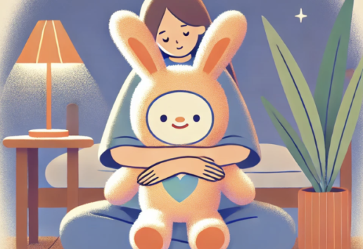 Enfant endormi avec un doudou lapin sous une lumière douce, dans une ambiance nocturne apaisante.