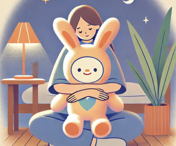 Enfant endormi avec un doudou lapin sous une lumière douce, dans une ambiance nocturne apaisante.