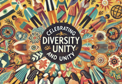 Illustration colorée célébrant la diversité et l'unité à travers des silhouettes multiculturelles et des motifs symbol