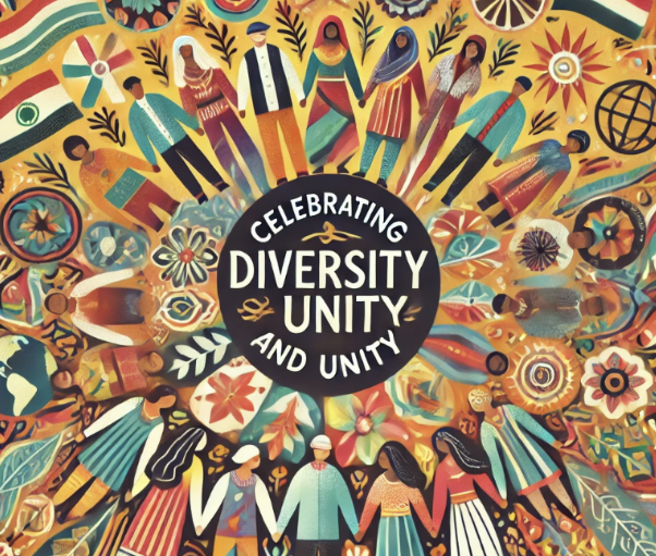 Illustration colorée célébrant la diversité et l'unité à travers des silhouettes multiculturelles et des motifs symbol