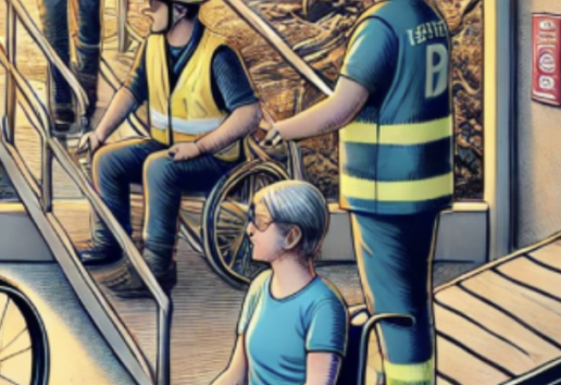Image : Trois travailleurs en sécurité aident une personne en fauteuil roulant à traverser un site post-catastrophe.