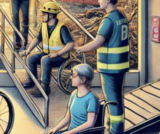 Image : Trois travailleurs en sécurité aident une personne en fauteuil roulant à traverser un site post-catastrophe.