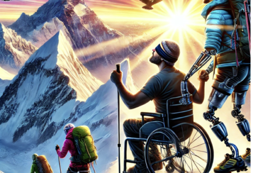 Explorateurs en montagne : un groupe diversifié, dont une personne en fauteuil roulant motorisé, face à un coucher de sol