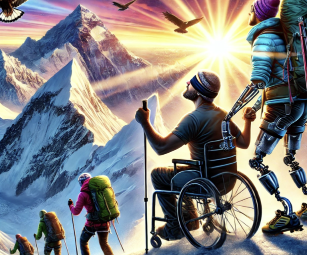 Explorateurs en montagne : un groupe diversifié, dont une personne en fauteuil roulant motorisé, face à un coucher de sol